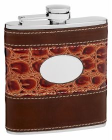 Hip Flask Holding 6 oz - Faux Leather and Faux Alligator Skin Design - Pocket Size, Stainless Steel, Rustproof, Screw-On Cap