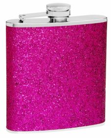 Hip Flask Holding 6 oz - Sparkly Glitter Design - Pocket Size, Stainless Steel, Rustproof, Screw-On Cap - Purple Finish - Black Gift Box Included