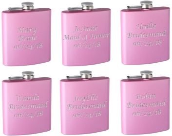 Top Shelf Flasks 6-Pack Personalized (Custom Engraved) 6oz Bridal Party Hip Flasks,  (Pink)